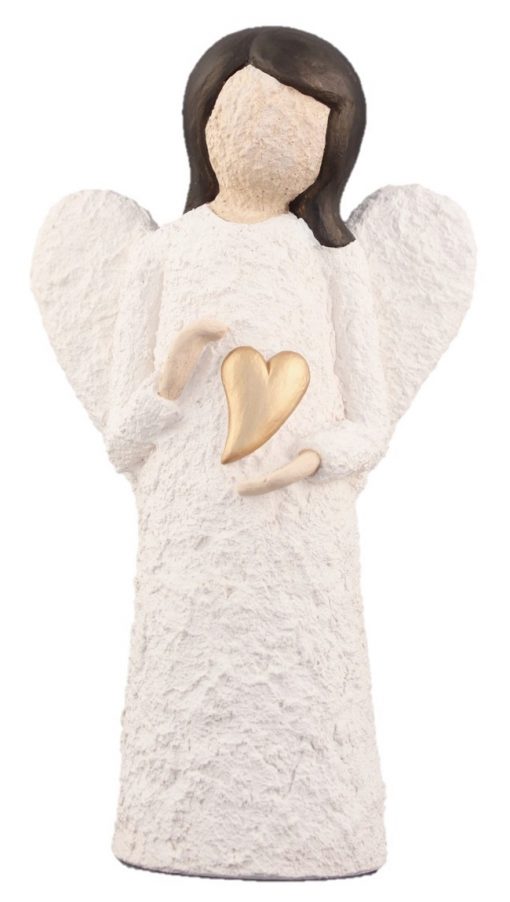 Angel With Flat Heart, Structured Surface - Colour White, Brown Hair, Gold Heart