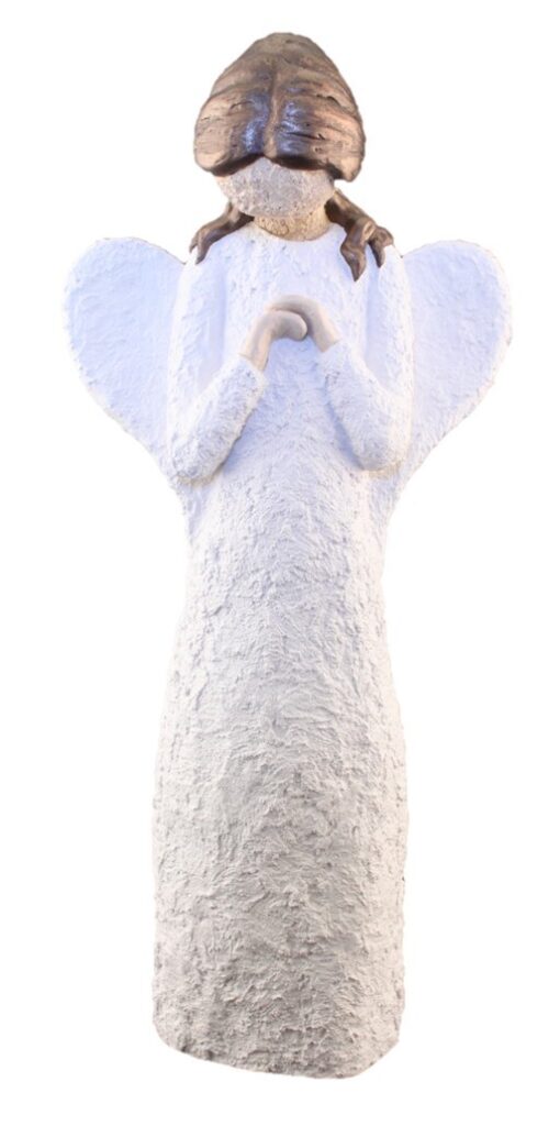 Angel with bowed head - colour white, brown hair