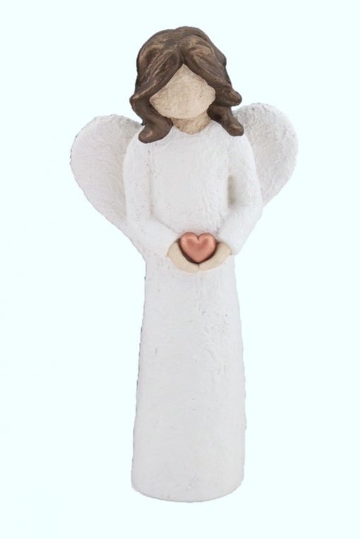 Angel, 21 cm, holding copper heart - colour white, brown hair